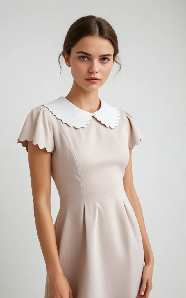 A European female model wearing a dress with a Scalloped collar, white background, bust portrait
